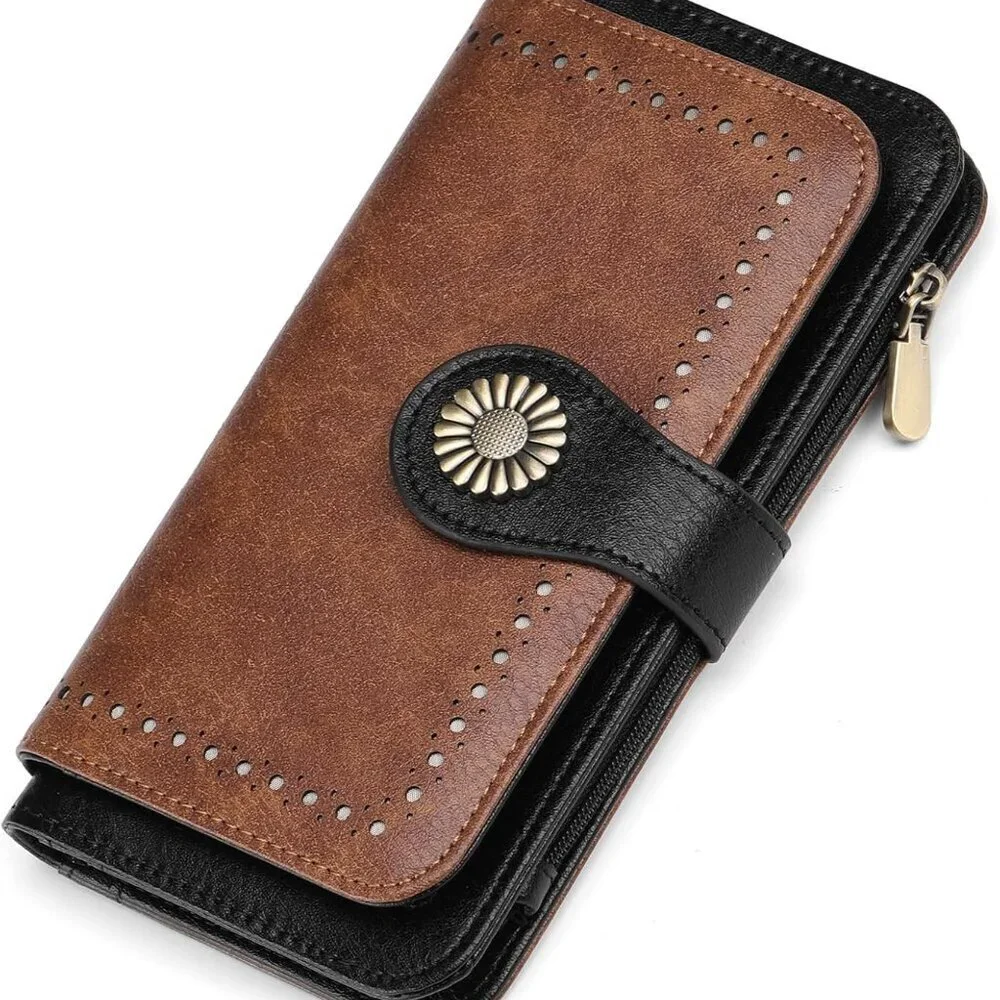 Women's Leather Wallet Trifold RFID Blocking Large Capacity Purse with Coin Pock